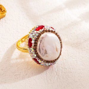 3/$35 18K Gold Plated Copper Round Open Ring White Natural Stone Rhinestone